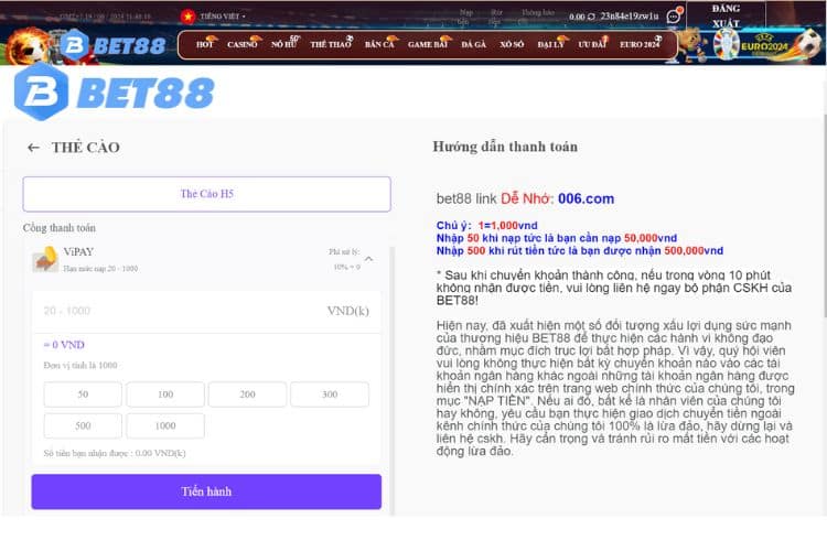 Nạp tiền Bet88 qua thẻ cào